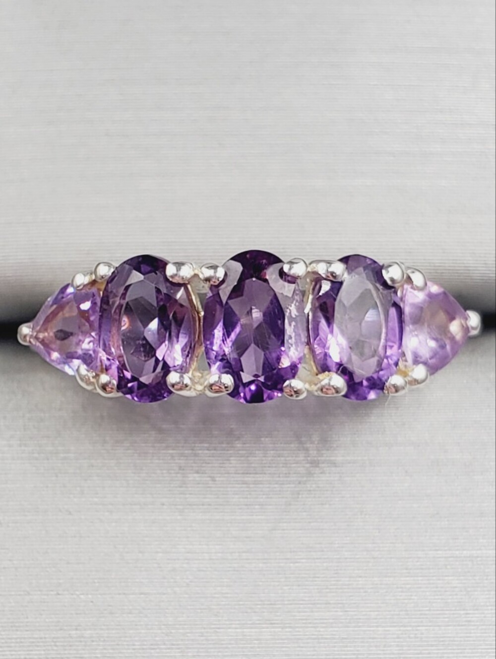 Oval & Trillion Genuine Purple Amethyst Five Stone Ring In 925 Sterling Silver